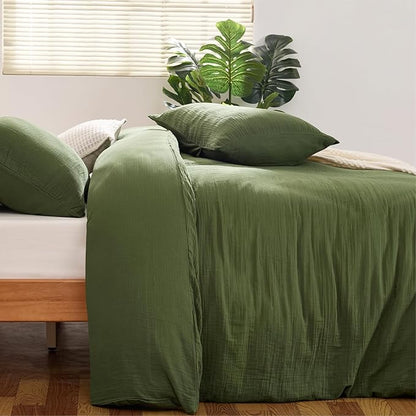 Green Duvet Cover King, 100% Sandwashed Cotton Soft King Size Duvet Cover Set 3 Pieces with Zipper Clousre & Corner Buttons (Green, King 104 x 90)