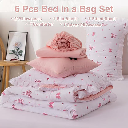 A Nice Night Polka Dot Bow Comforter Set,6 Piece Bed in a Bag Chic Bowknot Bedding Sets,Princess Style,White Room Decor for Girls,Full