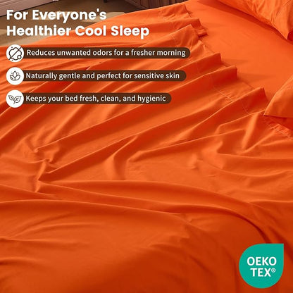 100% Linen Sheet Set King Size Extra Deep Pocket Fits 18-24 Inch Mattress, Breathable & Soft, Smooth 4-Piece Set for Thick Mattresses Hotel Luxury Bedding（King, Orange）