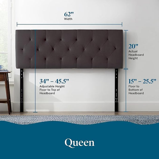 Lucid Mid-Rise Upholstered Headboard - Diamond Tufted - Padded Polyester - Adjustable Height from 34” to 46” - Easy Assembly - Bed Frame or Wall Mount - Sturdy - Charcoal - Queen Size