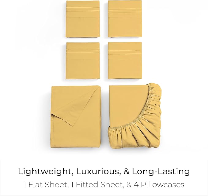 Mellanni King Sheet Set - 6-Piece Iconic Collection Bedding, (Including 4 Pillowcases), 16-Inch Deep Pocket, Easy Care, Extra Soft, Cooling Sheets, Brushed Microfiber - Yellow