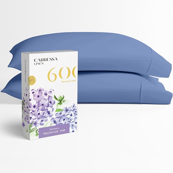Carressa Linen 100% Egyptian Cotton Pillow Cases Queen Size Set of 2 - Luxury 600 Thread Count Standard/Queen Pillowcases, Silky Soft, Cooling Sateen Weave Hotel Quality Pillow Cover (Marine Blue)