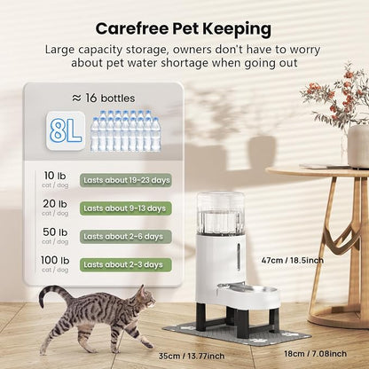 CZPET Elevated Dog Water Bowl Dispenser (8L+Stand+Mat, White) | With Stainless Steel Bowl Gravity Waterer, Large Capacity and Drinking Area Noise-Free for Pets