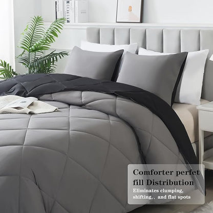 3-Piece King Comforter Set,All-Season,Soft & Hypoallergenic &Breathable Bedding,Polyester Quilted,Down Alternative(Comforter*1 & Pillowcases*2),Black/Dark Gray