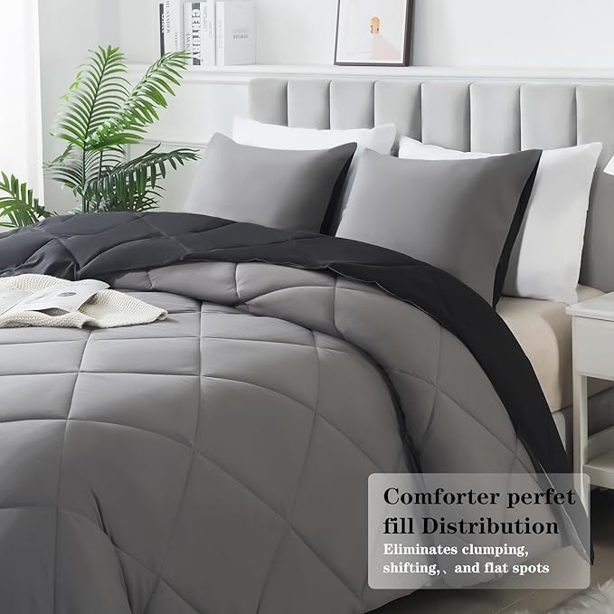 3-Piece Full Comforter Set,All-Season,Soft & Hypoallergenic &Breathable Bedding,Polyester Quilted,Down Alternative(Comforter*1 & Pillowcases*2),Black/Dark Gray