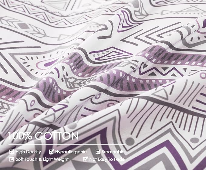 SLEEPBELLA Boho Chic Striped King Size Duvet Cover Set - 100% Cotton with Button Closure in White and Purple
