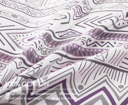 SLEEPBELLA Boho Chic Striped King Size Duvet Cover Set - 100% Cotton with Button Closure in White and Purple
