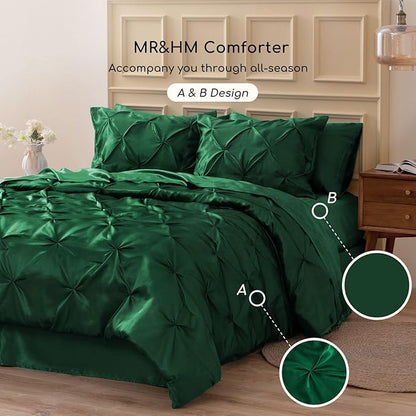 MR&HM Satin Comforter King 7 Pieces - Luxurious Pinch Pleat Bedding Set with Comforter, Flat Sheet, Fitted Sheet, Pillowcases & Shams, Super Silky Soft Bed Set for All Season (King, Dark Green)