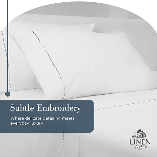 Linen Home 100% Cotton Percale Moon Scallop Hem Pillowcases King Size, Dark Blue, 2 Pieces of Pillow Case, Crisp and Cool Strong Bed Linen, 20 inches X 40 inches