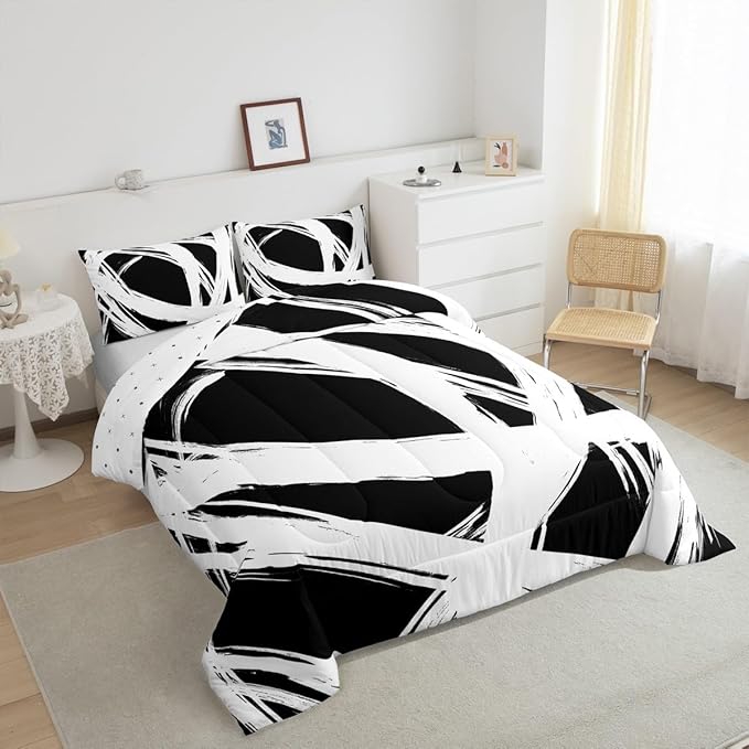 Erosebridal White and Black Abstarct Queen Comforter Set for Adult Women Men, Geometric Striped Bedding Set for Minimalists,Graffiti Aesthetic Lines Quilt,Contemporary Boho Modern Art Duvet Insert