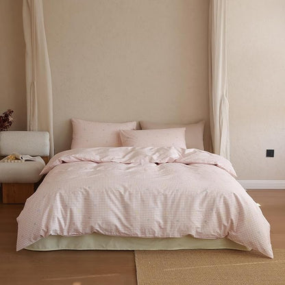 Pink Gingham Bed Comforter Queen Bow Plaid Bedding Set Light Weight Down Alternative Fluffy Cotton Bedding Comforter Sets for Girls Boho Country Cute Bed Comforter with 2 Pillowcases