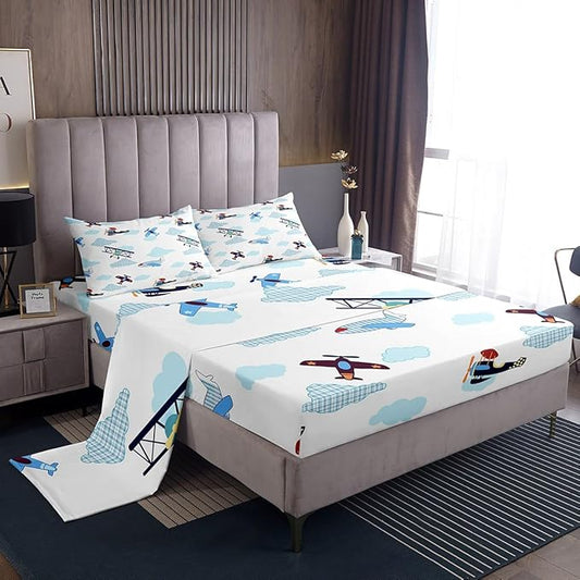Kids Aircraft Bed Sheets Set Boys Teens Airplanes Fitted Sheet Blue White Clouds Bedding Set for Bedroom Decor Chic Gingham Sheet (Twin Flat Sheet & Fitted Sheet with 1 Pillow Case)