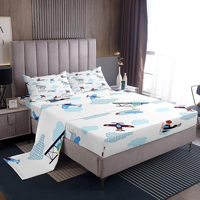 Kids Aircraft Bed Sheets Set Boys Teens Airplanes Fitted Sheet Blue White Clouds Bedding Set for Bedroom Decor Chic Gingham Sheet (King Flat Sheet & Fitted Sheet with 2 Pillow Case)