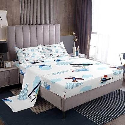 Kids Aircraft Bed Sheets Set Boys Teens Airplanes Fitted Sheet Blue White Clouds Bedding Set for Bedroom Decor Chic Gingham Sheet (King Flat Sheet & Fitted Sheet with 2 Pillow Case)