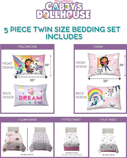 Gabby's Dollhouse Kids Twin Size Bedding, 5 Piece Super Soft Cozy Reversible Comforter and Sheet Set with Sham, (Officially Licensed Product) By Franco