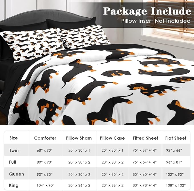 Comforter Set Twin Size, Dog Family Animal 5 Pcs Bedding for Kids and Adults, Happy Cute Dachshund Bed Sheet Sets with Fitted Sheet Pillowcase & Sham for Bedroom Bed Decor