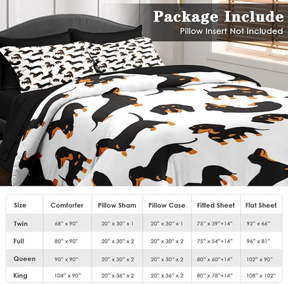 Comforter Set Full Size, Dog Family Animal 7 Pcs Bedding for Kids and Adults, Happy Cute Dachshund Bed Sheet Sets with Fitted Sheet 2 Pillowcases & 2 Shams for Bedroom Bed Decor