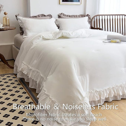 AIKASY White Comforters Twin Size Set, Vintage Boho Chic Farmhouse Bedding Sets Shabby Ruffle Queen Bed Comforter Bedding 3PCS（1 Comforter and 2 Pillowcases）