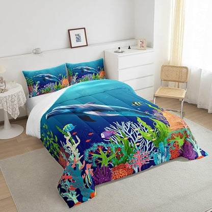 Cute Dolphin Kids Bed Comforters Set Queen Size,Ocean Fish Coral Super Soft Microfiber Bedding Set for Boys Girls,Cartoon Undersea Blue Underwater Room Decorative Comforter Set,2 Pillowcase