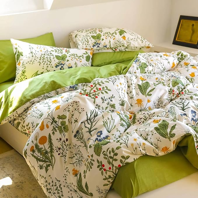 CLOTHKNOW Green White Floral Queen Comforter Set Farmhouse Bedding Comforter Sets Botanical Comforter with 2 x Pillow Cases