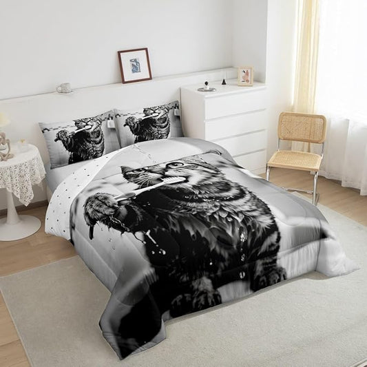 Erosebridal Kitten Bedding Set Twin Size Cute 3D Comforter Set for Kids Boys Girls Toothbrush Kawaii Animal White Black Comforter Warm Soft Quilt Insert