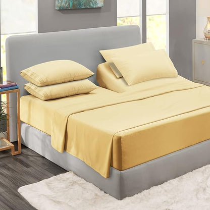 Clara Clark Flex Top King Sheets, 6 Piece Set - Hotel Luxury Sheets for Top Split King Bed, Super Soft Bedding Set, Head Split King Mellow Yellow
