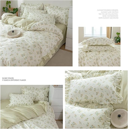HighBuy Green Floral Comforter Set Twin XL Lace Ruffles Reversible Stripes Comforter Fluffy with 2 Pillow Shams Toddler Girls Boho Romantic Lace Coquette Bedding Set