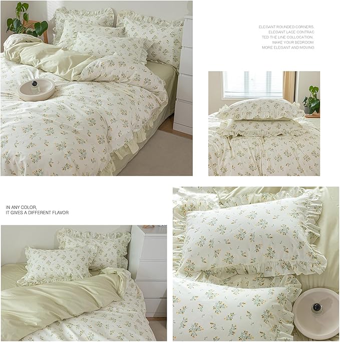 HighBuy Floral Comforter Set Queen Lace Edge Green Flower Bedding Comforters with 2 Lace Ruffle Pillow Shams Coquette Cottagecore Comforter Sets Stripes Bedding Set 3 PCs for Girls Women