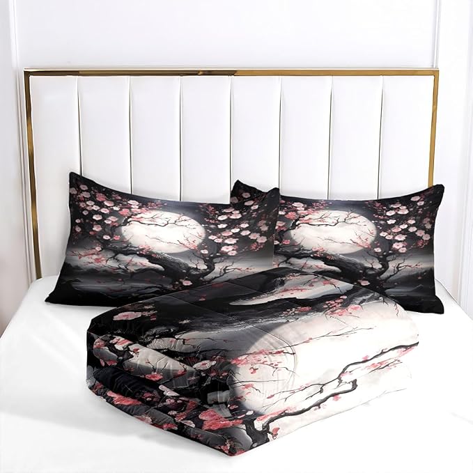 Japanese Style Cherry Blossom Comforter Set Queen Pink Cherry Blossoms Bedding Black Floral Bedding Set 3Pcs Oriental Comforter Asian Art Decorative Bedding Comforter Set for All Season