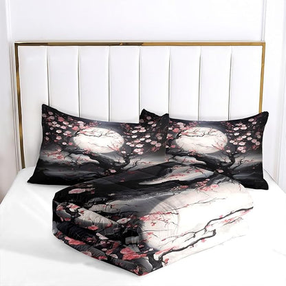 Japanese Style Cherry Blossom Comforter Set Queen Pink Cherry Blossoms Bedding Black Floral Bedding Set 3Pcs Oriental Comforter Asian Art Decorative Bedding Comforter Set for All Season