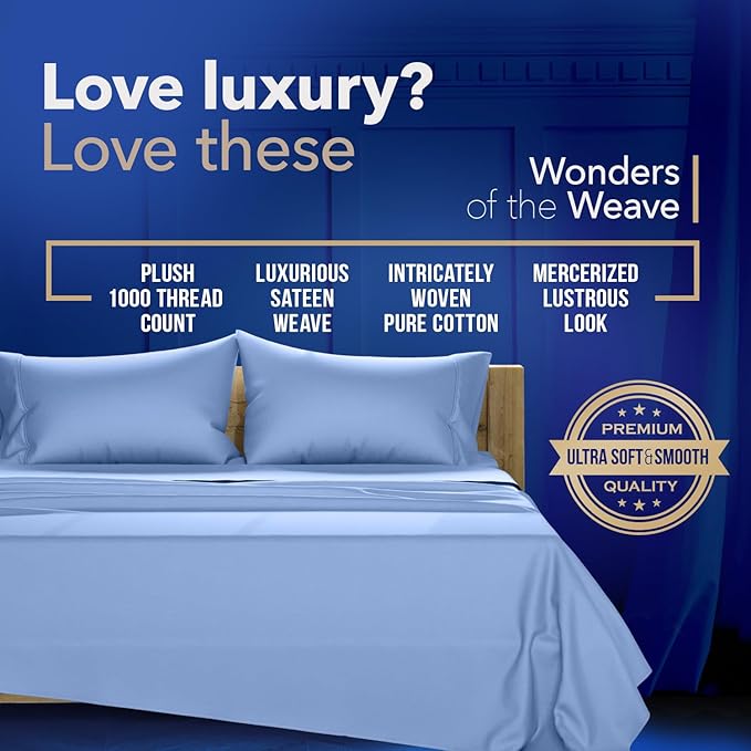 TEXAS LINEN CO. Luxury Egyptian Cotton King Pillow Cases Set of 2-1000 Thread Count Pillowcases for Sleeping, Soft, Cooling Pillow Cover, Extra Long Staple Hotel Quality Pillow Cases - Deep Blue