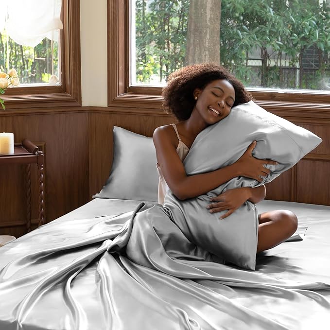CozyLux Satin Sheets Queen Size Bed Set - 6 Piece Silky Queen Sheet Set, Luxury Light Grey Queen Sheets with Smooth and Soft Microfiber, Includes 1 Fitted Sheet, 1 Flat Sheet and 4 Pillowcases