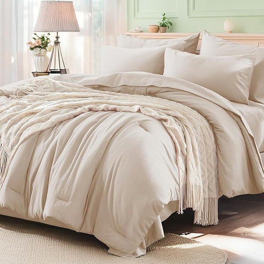 Anluoer Beige Full Comforter Set 7 Pieces, Bed in a Bag with Sheets, All Season Bedding Sets with 1 Comforter, 2 Pillow Shams, 2 Pillowcases, 1 Flat Sheet, 1 Fitted Sheet