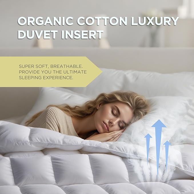 Farm To Home Organic Cotton Feather and Down Comforters Queen Size, 100% Organic Cotton Cover, All Seasons Duvet Insert, 4 Corner Tabs, Naturally Breathable White Bedding Comforters, 90"x90"