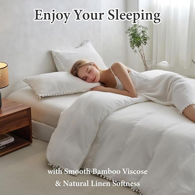 Simple&Opulence French Linen Blended Duvet Cover King, Flax Viscose Derived from Bamboo Bedding Set with Pom Pom Trim Soft Cooling for Hot Sleepers, 1 Boho Comforter Cover and 2 Pillow Shams, Linen
