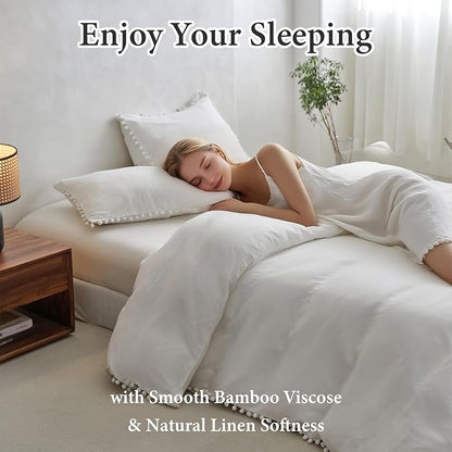 Simple&Opulence French Linen Blended Duvet Cover King, Flax Viscose Derived from Bamboo Bedding Set with Pom Pom Trim Soft Cooling for Hot Sleepers, 1 Boho Comforter Cover and 2 Pillow Shams, White