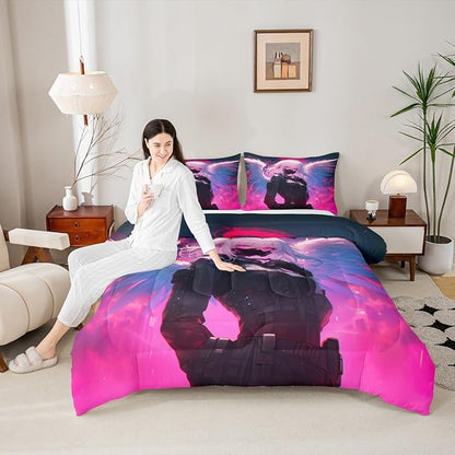 Erosebridal Anime Girl with Wings Bedding Full Size for Girls Adults, Kids Japanese Virtual Reality Comforter Cartoon Poster Style Duvet Set for Boys Teen Bedroom Decor with 2 Pillowcases