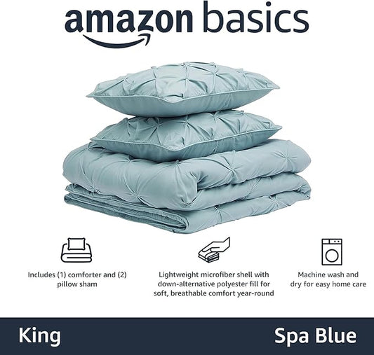 Amazon Basics Lightweight, Soft King Size Comforter Set, All-Season Down-Alternative 3-Piece Bedding, Pinch Pleat Design with Piped Edges, Spa Blue