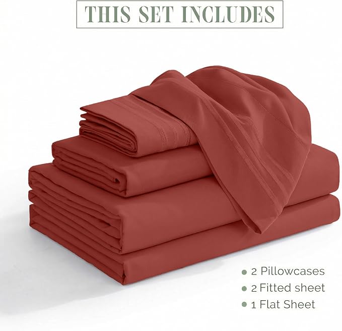 Elegant Comfort Luxurious 1500 Premium Hotel Quality Microfiber Three Line Embroidered Softest 5-Piece Bed Sheet Set, Wrinkle and Fade Resistant, Split King, Rust