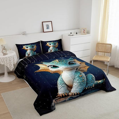 Feelyou Dragon Comforter Set Twin Size Dragon Stuff Comforter for Boys Girls Teens Wild Life Bedding Set Dragon Decor Duvet Set Room Decor Navy Blue Quilt Set
