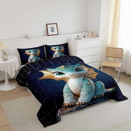 Feelyou Dragon Comforter Set Queen Size Dragon Stuff Comforter for Boys Girls Teens Wild Life Bedding Set Dragon Decor Duvet Set Room Decor Navy Blue Quilt Set