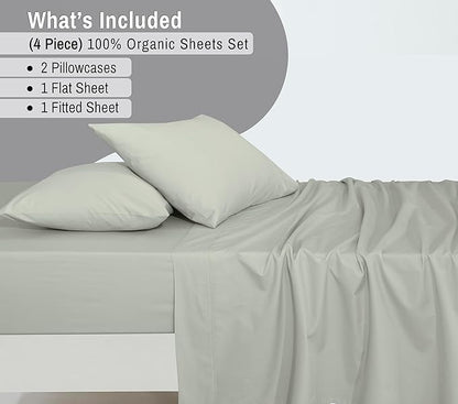RUVANTI 100% Organic Cotton Sheets Queen Size, Percale Weave, GOTS Certified, 4-Piece Set, Deep Pocket 15", Crisp & Breathable, Soft Durable Bedding, Sábanas Algodón Orgánico – Mineral Gray