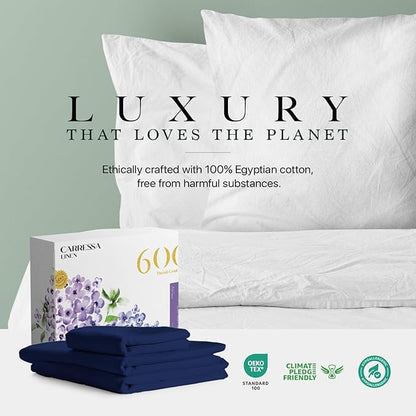 Carressa Linen 100% Egyptian Cotton Twin Sheets Set - 600 Thread Count Egyptian Cotton Luxury Twin Sheets (3 PC, Indigo Navy) 16" Deep Pocket, Soft, Cooling, Sateen Weave College Dorm Room Bedding