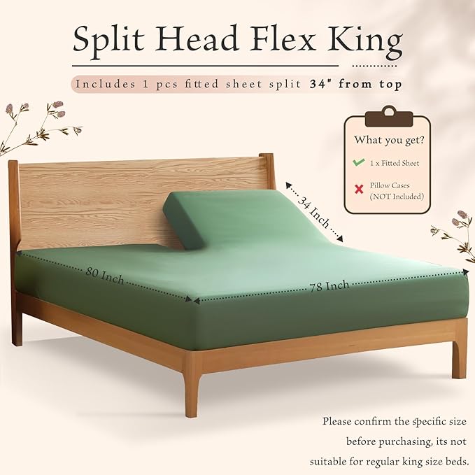SiinvdaBZX Split Top King Fitted Sheet Only for Adjustable Bed, Ultra-Soft Microfiber 34 Inch Top Split Head Sheets Half Split King Bottom Sheet, Fits 14" -16" Deep Pocket, Green