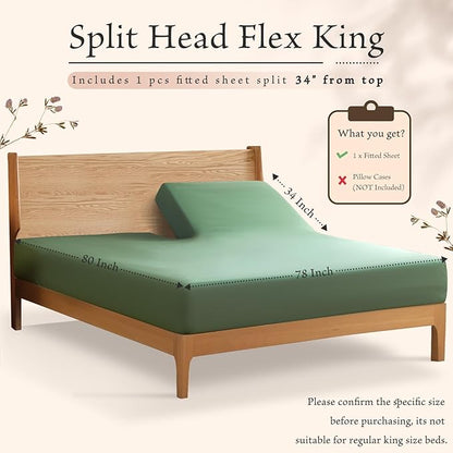 SiinvdaBZX Split Top King Fitted Sheet Only for Adjustable Bed, Ultra-Soft Microfiber 34 Inch Top Split Head Sheets Half Split King Bottom Sheet, Fits 14" -16" Deep Pocket, Green