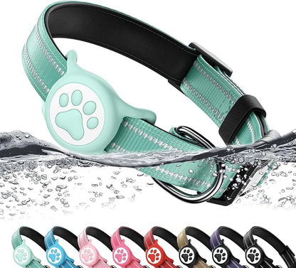 Airtag Dog Collar, Reflective Ultra-Durable Nylon Padded with QR Buckle & IP68 Waterproof Air Tag Holder Compatible for Apple AirTag, Comfortable for Small Medium Large Dogs (Green,XL)