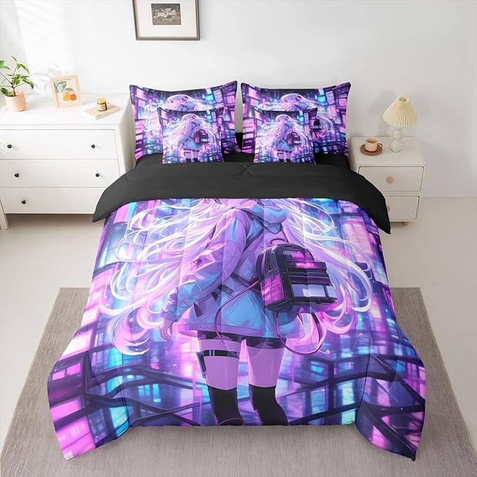 Erosebridal Japanese Girl Bed in A Bag Girly Anime Bedding Set for Kids,Sci Fi Style Gaming Full Comforter Set 7 Piece Room Decor,3D Cartoon Anime Girl Bed Set