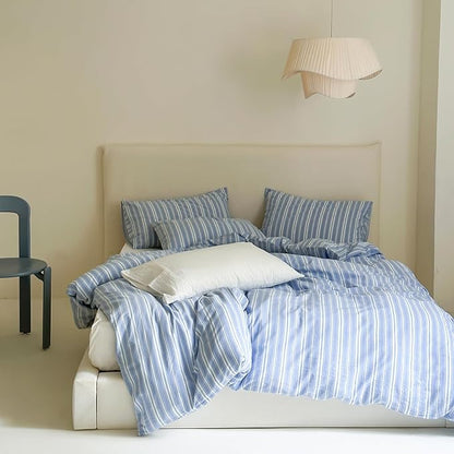 Blue Striped Duvet Cover Twin, 100% Washed Cotton Blue White Stripes Pattern Printed Bedding Set, 3 Pieces Soft Breathable Comforter Cover with Zipper Closure, Retro Striped Farmhouse Bedding Set