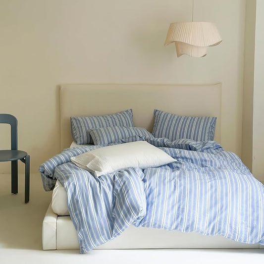 LifeTB Blue Striped Duvet Cover Twin XL, 100% Washed Cotton Blue White Stripes Pattern Printed Bedding Set, 3 Pieces Breathable Comforter Cover with 2 Pillowcases, Soft Farmhouse Striped Bedding Set