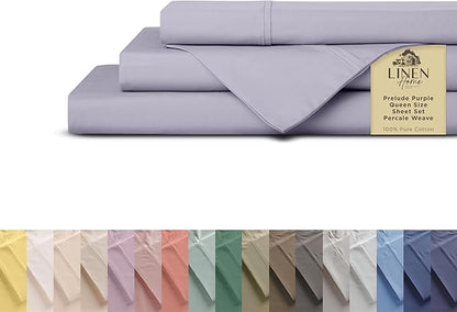 Linen Home Queen Percale Sheets 100% Cotton, 4-Piece Set, Deep Pocket Fits 16" Mattress Crisp Cool Breathable Bed Sheet Set, 1 Flat + 1 Fitted + 2 Pillowcases, Prelude Purple